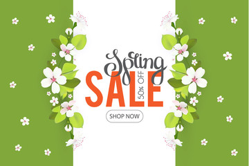 Spring sale. Seasonal offer poster template with flowers and lettering. Realistic apple blossom.