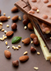 sweets, confectionery and food concept - bars of dark, white and milk chocolate with nuts on brown background
