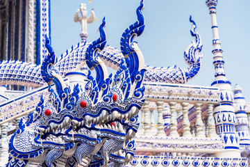 Chanthaburi, Thailand - February, 01,  2020 : Blue Temple at Wat Pak Nam Khaem Nu the new landmark of Chanthaburi located at Tha Mai District - obrazy, fototapety, plakaty