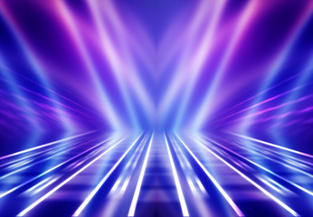 Obraz premium Dark abstract background. Empty scene in a nightclub. Neon purple and blue lights, smoke.