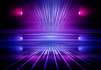Dark abstract background. Empty scene in a nightclub. Neon purple and blue lights, smoke.
