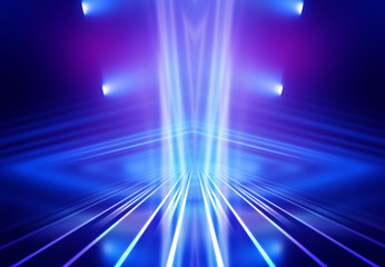 Dark abstract background. Empty scene in a nightclub. Neon purple and blue lights, smoke.