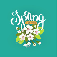 Spring sale. Seasonal offer poster template with flowers and lettering. Realistic apple blossom.