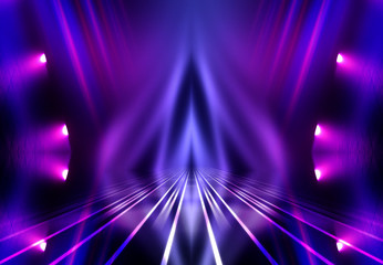 Dark abstract background. Empty scene in a nightclub. Neon purple and blue lights, smoke.