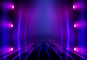 Fototapeta na wymiar Dark abstract background. Empty scene in a nightclub. Neon purple and blue lights, smoke.