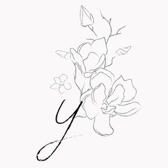 Handwritten Floral Logo Template. Line Drawing Monogram Y with Magnolia Flower, Plants, Branches, Leaves. Design Element Vector Illustration. Branding. Wedding, photography, art, studio
