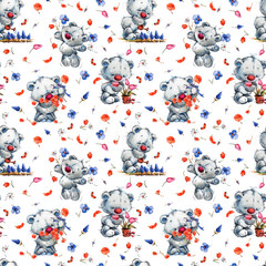 seamless pattern with cute teddy bears and flowers. Cartoon animals watercolor background for kids