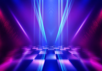 Dark abstract background. Empty scene in a nightclub. Neon purple and blue lights, smoke.