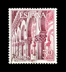 Cancelled postage stamp printed by Spain, that shows Synagogue in Toledo, circa 1979.