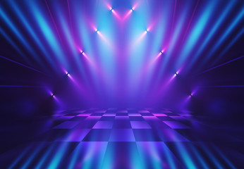 Dark abstract background. Empty scene in a nightclub. Neon purple and blue lights, smoke.