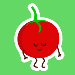 Shy red tomato sticker with Kawaii cute face. Happy person with closed eyes.