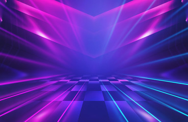 Dark abstract background. Empty scene in a nightclub. Neon purple and blue lights, smoke.