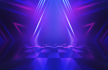 Fototapeta premium Dark abstract background. Empty scene in a nightclub. Neon purple and blue lights, smoke.