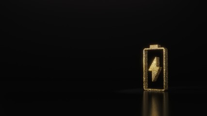 science glitter gold glitter vertical symbol of charging empty battery 3D rendering on dark black background with blurred reflection with sparkles