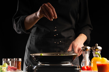 Chef sprinkles salt, freezes in motion, prepares a dish of meat. Against the background of vegetables. Kulinapiya, Restaurant business, recipes