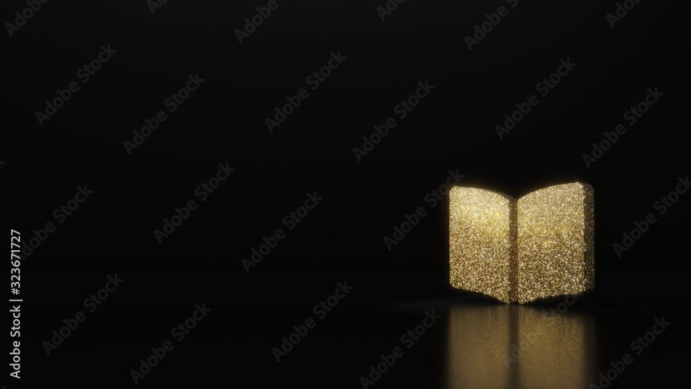 Wall mural science glitter gold glitter symbol of book open 3d rendering on dark black background with blurred 