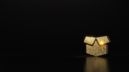 science glitter gold glitter symbol of box open 3D rendering on dark black background with blurred reflection with sparkles