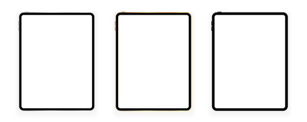 New design of gold, silver and black tablets in trendy thin frame style with shadow isolated on white background. Empty screen concept. Vector illustration