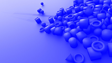 blue abstract background and wallpaper with empty space, cube, cone, torus and sphere collected