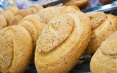 Close-up view of bread in bakery.