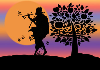 Naklejka premium Silhouette of a Piper in the Sunset, Digital Art