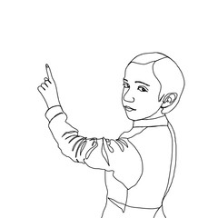 The child points a finger drawn in one line. Outline drawing for presentation. Pointing finger Free space for text.