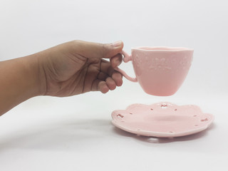 Colorful Cute Beautiful Luxury Pink Tea and Coffee Porcelain Cup Set Design for Kitchen Utensils in White Isolated Background