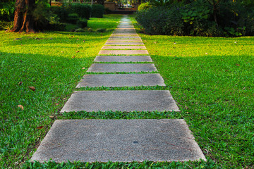 Slabs paved as a pathway through the lawn