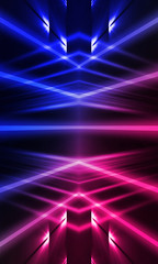 Background of empty stage show. Neon blue and purple light and laser show. Laser futuristic shapes on a dark background. Abstract dark background with neon glow