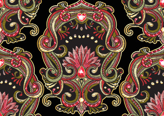 Seamless pattern with patch, embroidery imitation. Decorative motif in retro, vintage, jacobean embroidery style. Vector illustration isolaterd on black ackground.