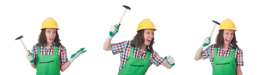 Young woman with hammer on white