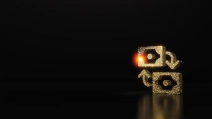 science glitter gold glitter symbol of exchange 3D rendering on dark black background with blurred reflection with sparkles