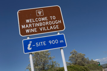 Martinborough Winevillage. New Zealand. Winetrail. Roadsign Winetrail and Wineries