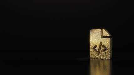 science glitter gold glitter symbol of file code 3D rendering on dark black background with blurred reflection with sparkles