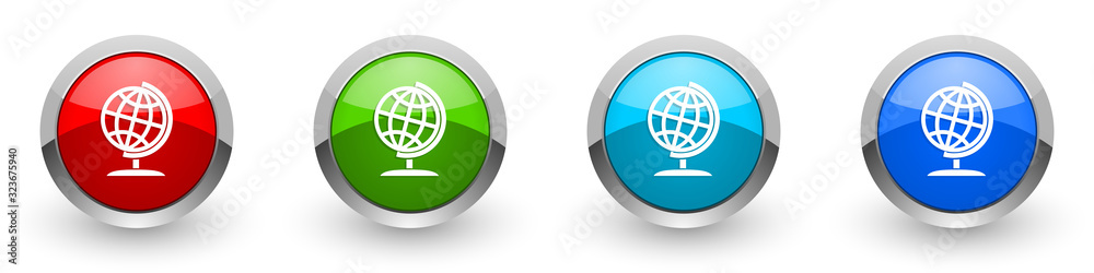 Poster globe silver metallic glossy icons, world, global, map, earth concept set of modern design buttons f
