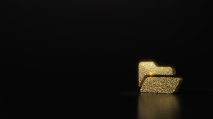 science glitter gold glitter symbol of folder open 3D rendering on dark black background with blurred reflection with sparkles