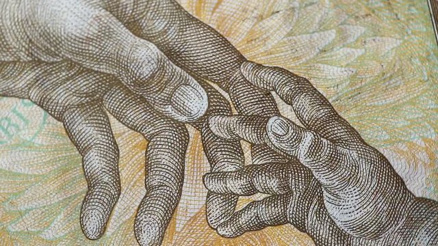 Czech koruna banknote close up. Touching hends picture. Currency background.