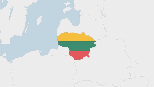 Lithuania map highlighted in Lithuania flag colors and pin of country capital Vilnius.