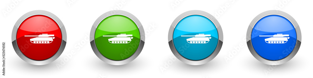 Poster tank silver metallic glossy icons, army, military, war vehicle concept set of modern design buttons 