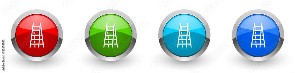 Poster double ladder silver metallic glossy icons, step, climb, tool, level concept set of modern design bu