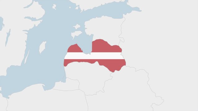 Latvia map highlighted in Latvia flag colors and pin of country capital Riga.