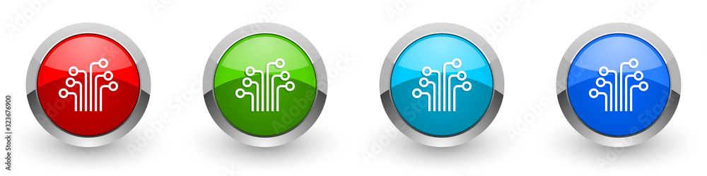 Poster Circuit silver metallic glossy icons, technology, chip, processor concept set of modern design buttons for web, internet and mobile applications in four colors options isolated on white background