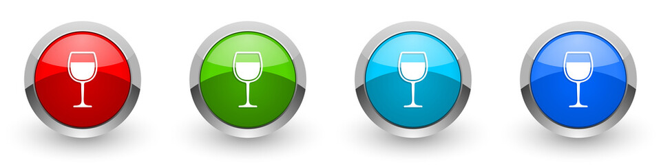 Alcohol silver metallic glossy icons, glass concept set of modern design buttons for web, internet and mobile applications in four colors options isolated on white background