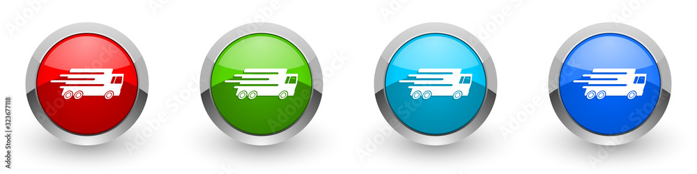 Poster speed transport silver metallic glossy icons, fast delivery, truck concept set of modern design butt