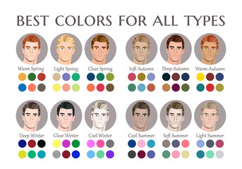 Stock vector seasonal color analysis palette for all types of male appearance. Best colors for 12 types. Face of young man