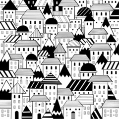 Obraz premium Various hand drawn doodle cartoon houses style pattern black and white city vector 