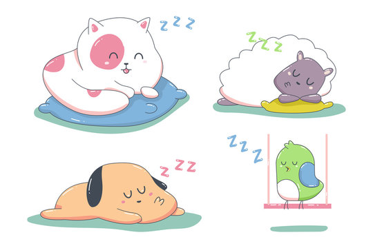 Cute sleeping animals vector cartoon characters set isolated on a white background.