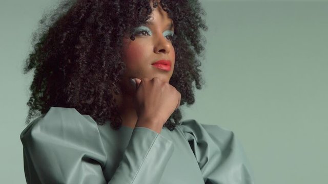Mixed race woman with huge afro curly hair panned portrait with one dominant monochrome minimalistic color style. Fashion model panned portrait in studio