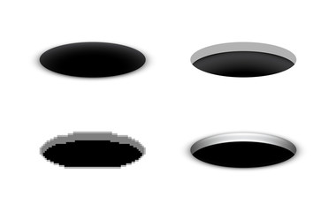 Hole in the ground, vector black cartoon hole in various styles, open manhole, a set of abstract opening illustrations