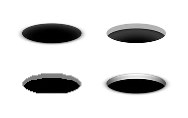 Fotobehang Hole in the ground, vector black cartoon hole in various styles, open manhole, a set of abstract opening illustrations © Oleksandr